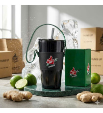 LY THỦY TINH CÓ QUAI DA ỐNG HÚT THỦY TINH QUÀ TẶNG THUMS UP