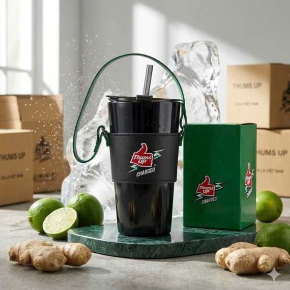 LY THỦY TINH CÓ QUAI DA ỐNG HÚT THỦY TINH QUÀ TẶNG THUMS UP