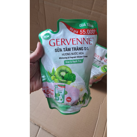 Túi Sữa tắm trắng da Gervenne hương nước hoa chiết xuất Bạch Trà và Kiwi 450g